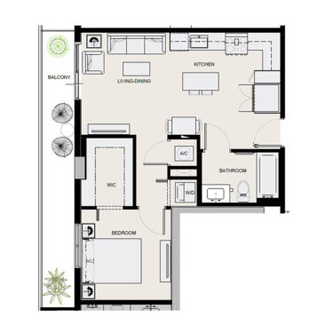 Rendering of the A8 floor plan with 1 bedroom[s] and 1 bathroom[s] at Arte Grand Central