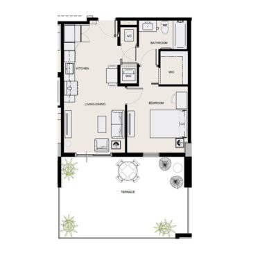 Rendering of the A3/A4 floor plan with 1 bedroom[s] and 1 bathroom[s] at Arte Grand Central