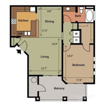 Rendering of the Floor Plan A2 floor plan with 1 bedroom[s] and 1 bathroom[s] at Springs at Alta Mesa