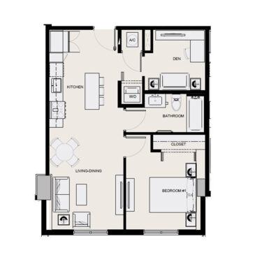 Rendering of the a15d floor plan with 1 bedroom[s] and 1 bathroom[s] at Arte Grand Central