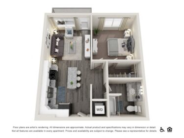 Rendering of the A3 floor plan with 1 bedroom[s] and 1 bathroom[s] at Copper 87