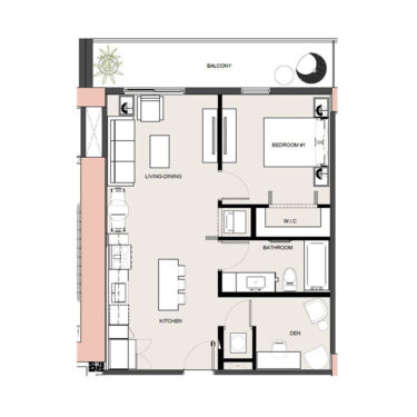 Rendering of the a17d floor plan with 1 bedroom[s] and 1 bathroom[s] at Arte Grand Central