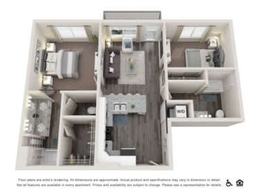 Rendering of the B2 floor plan with 2 bedroom[s] and 2 bathroom[s] at Copper 87