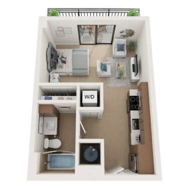 Rendering of the s1 floor plan with a Studio bedroom and 1 bathroom[s] at Arte Grand Central