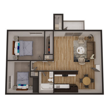 Rendering of the 2x1 816 sqft - Partial floor plan with 2 bedroom[s] and 1 bathroom[s] at Latitude
