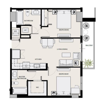 Rendering of the B2/B3 floor plan with 2 bedroom[s] and 2 bathroom[s] at Arte Grand Central