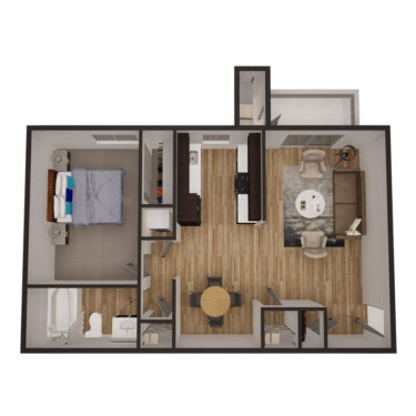 Rendering of the 1x1 680 sqft - Partial floor plan with 1 bedroom[s] and 1 bathroom[s] at Latitude