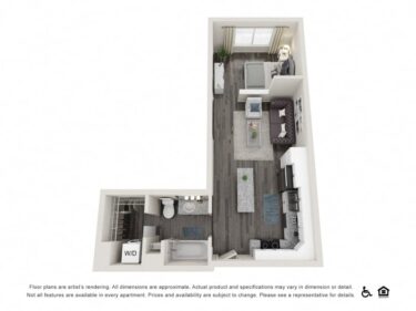 Rendering of the S1 floor plan with a Studio bedroom and 1 bathroom[s] at Copper 87