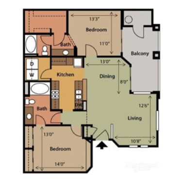 Rendering of the Floor Plan B2 floor plan with 2 bedroom[s] and 2 bathroom[s] at Springs at Alta Mesa