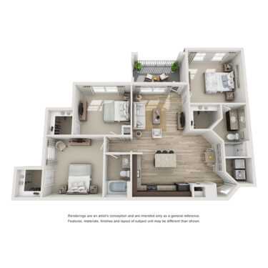 Rendering of the C2 floor plan with 3 bedroom[s] and 2 bathroom[s] at The Point at Bella Grove