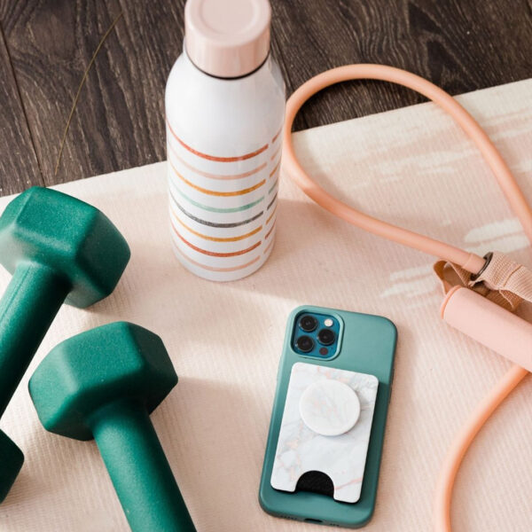 Fitness equipment on a yoga mat.