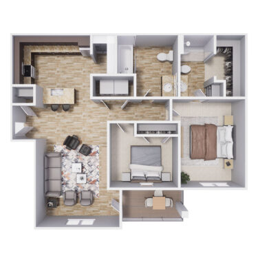 Rendering of the B3 floor plan with 2 bedroom[s] and 2 bathroom[s] at Polaris Peak