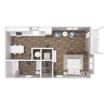 Rendering of the 0x1 - 375 sqft - S2 floor plan with a Studio bedroom and 1 bathroom[s] at Cottages at Pike View