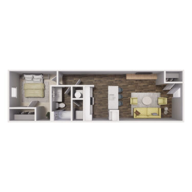 Rendering of the 1x1 - 600 sqft - A1 floor plan with 1 bedroom[s] and 1 bathroom[s] at Cottages at Sand Creek