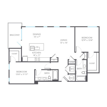 Rendering of the Guild floor plan with 2 bedroom[s] and 2 bathroom[s] at Arte Kansas City