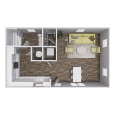 Rendering of the 0x1 - 375 sqft - S2 floor plan with a Studio bedroom and 1 bathroom[s] at Cottages at South Murray