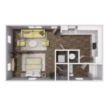 Rendering of the 0x1 - 394 sqft - S2 floor plan with a Studio bedroom and 1 bathroom[s] at Cottages at Sand Creek