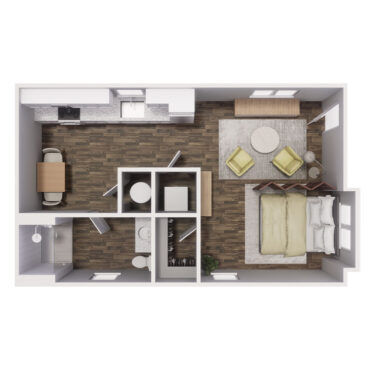 Rendering of the 0x1 - 348 sqft - S1 floor plan with a Studio bedroom and 1 bathroom[s] at Cottages at Sand Creek