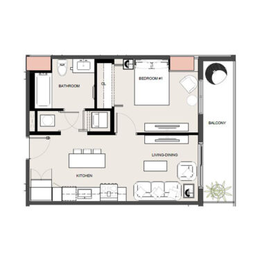 Rendering of the a1 floor plan with 1 bedroom[s] and 1 bathroom[s] at Arte Grand Central