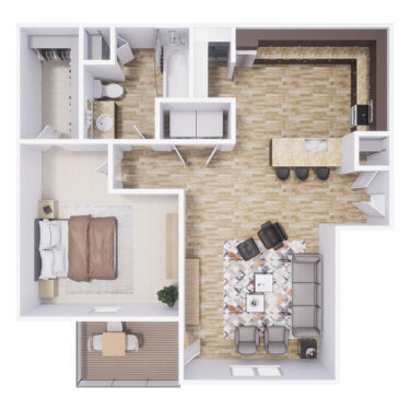 Rendering of the A2 floor plan with 1 bedroom[s] and 1 bathroom[s] at Polaris Peak