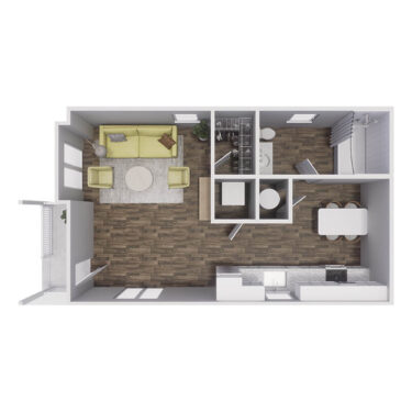 Rendering of the 0x1 - 360 sqft - S1 floor plan with a Studio bedroom and 1 bathroom[s] at Cottages at South Murray