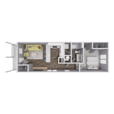 Rendering of the 1x1 - 606 sqft - A1 floor plan with 1 bedroom[s] and 1 bathroom[s] at Cottages at South Murray
