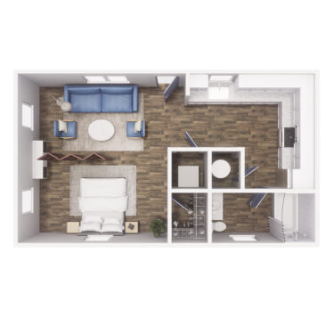 Rendering of the 0x1 - 360 sqft - S1 floor plan with a Studio bedroom and 1 bathroom[s] at Cottages at Pike View