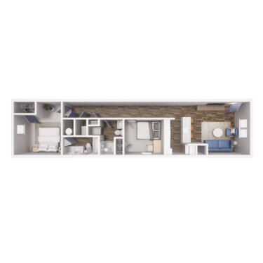 Rendering of the 2x2 - 836 sqft - B3 floor plan with 2 bedroom[s] and 2 bathroom[s] at Cottages at Pike View