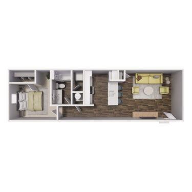 Rendering of the 1x1 - 682 sqft - A2 floor plan with 1 bedroom[s] and 1 bathroom[s] at Cottages at Sand Creek