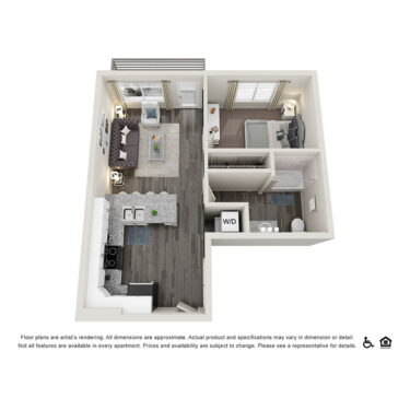 Rendering of the A2 floor plan with 1 bedroom[s] and 1 bathroom[s] at Copper 87