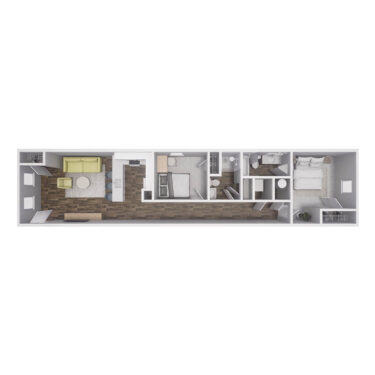 Rendering of the 2x1 - 900 sqft - B2 floor plan with 2 bedroom[s] and 1 bathroom[s] at Cottages at South Murray