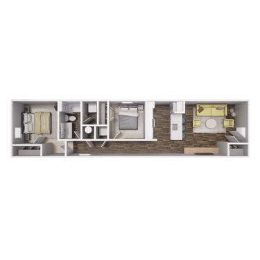 Rendering of the 2x1 - 792 sqft - B1 floor plan with 2 bedroom[s] and 1 bathroom[s] at Cottages at Sand Creek