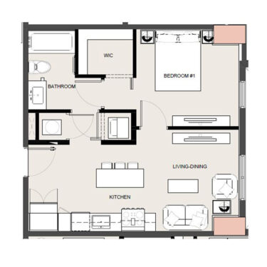 Rendering of the a2 floor plan with 1 bedroom[s] and 1 bathroom[s] at Arte Grand Central
