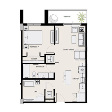 Rendering of the A14 1x1 w/Den floor plan with 1 bedroom[s] and 1 bathroom[s] at Arte Grand Central