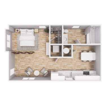 Rendering of the S1 floor plan with a Studio bedroom and 1 bathroom[s] at Cottages at Mesa Ridge