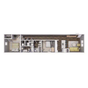 Rendering of the 2x2 - 875 sqft - B2 floor plan with 2 bedroom[s] and 2 bathroom[s] at Cottages at Sand Creek