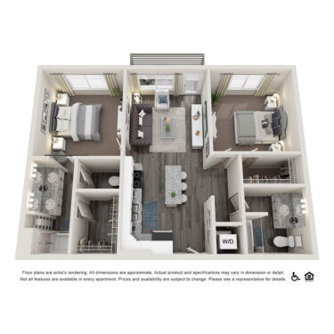Rendering of the B3 floor plan with 2 bedroom[s] and 2 bathroom[s] at Copper 87