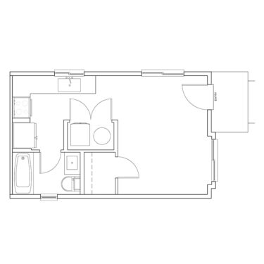 Rendering of the S1 floor plan with a Studio bedroom and 1 bathroom[s] at Cottages on the Boulevard