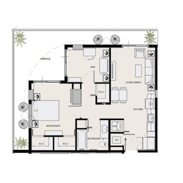 Rendering of the BA3 floor plan with 1 bedroom[s] and 1 bathroom[s] at Arte Grand Central