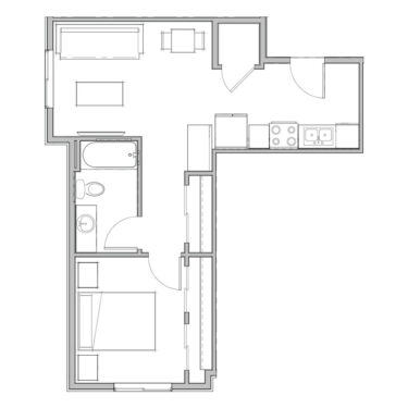 Rendering of the A1 floor plan with 1 bedroom[s] and 1 bathroom[s] at Marq at Monument Ridge