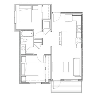Rendering of the B1 floor plan with 2 bedroom[s] and 1 bathroom[s] at Marq at Monument Ridge
