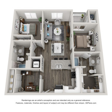 Rendering of the B3 floor plan with 2 bedroom[s] and 2 bathroom[s] at The Flats at Aero Park