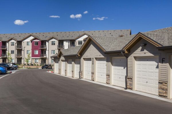 The Retreat at Patriot Park parking area with garages.