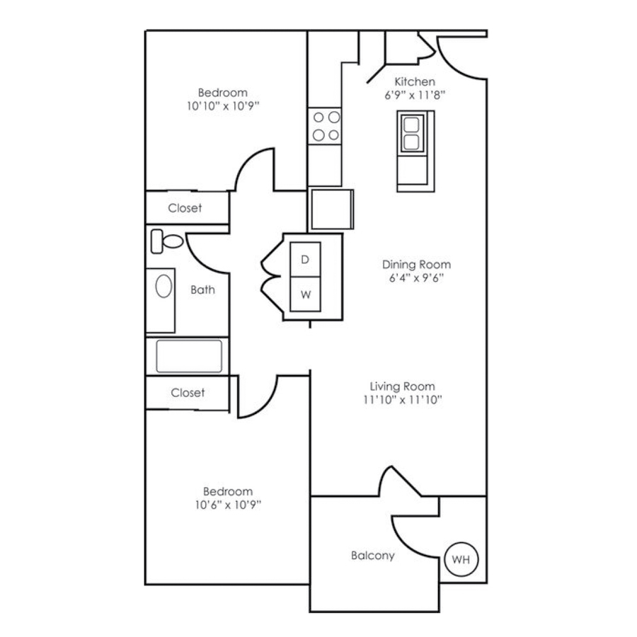Rendering of the B1 floor plan with 2 bedroom[s] and 1 bathroom[s] at The Retreat at Patriot Park