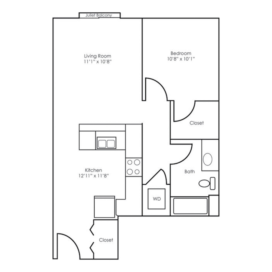 Rendering of the A2 floor plan with 1 bedroom[s] and 1 bathroom[s] at The Retreat at Patriot Park