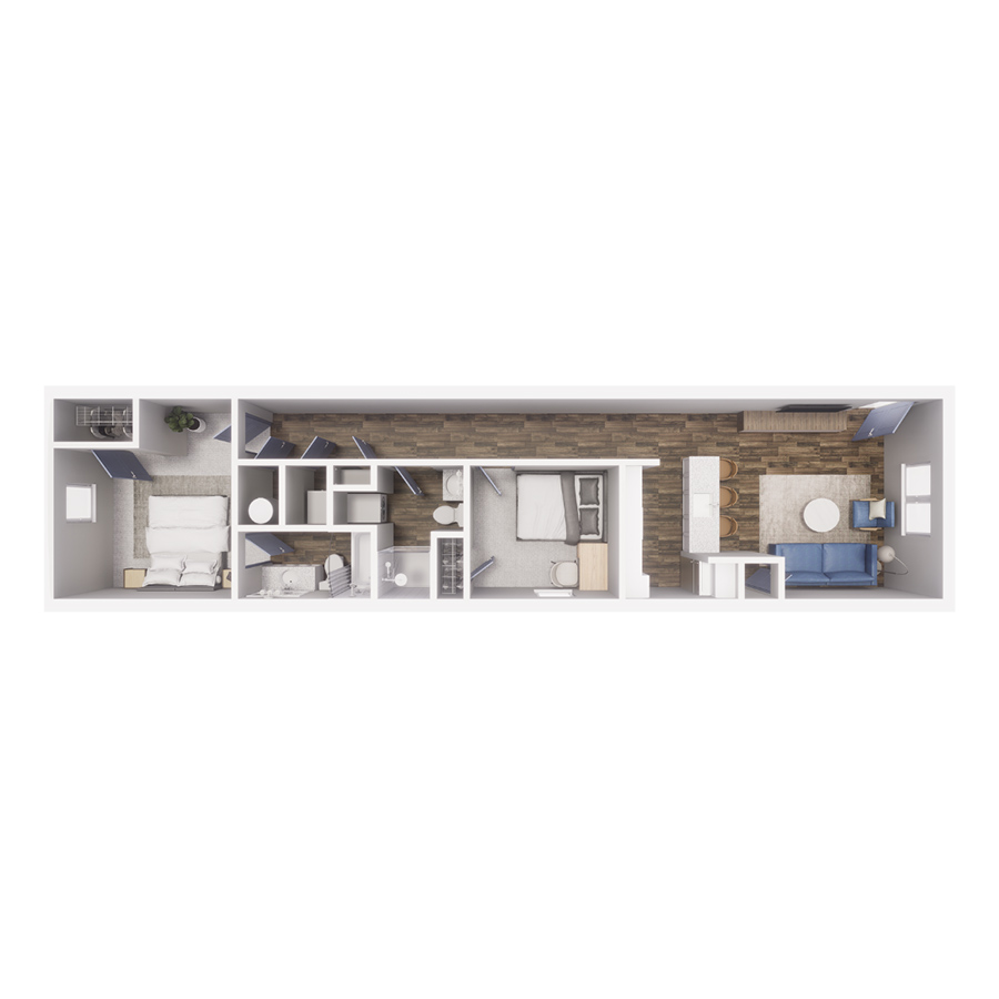 Rendering of the B3 floor plan with 2 bedroom[s] and 2 bathroom[s] at Cottages at Torin Point