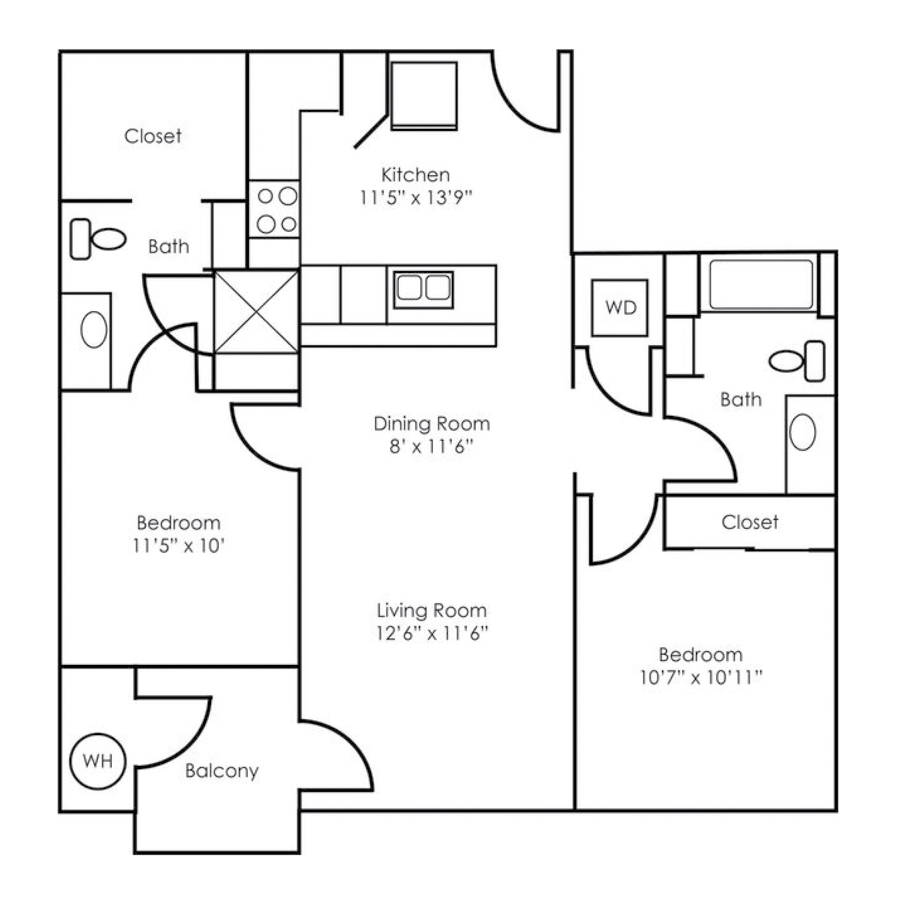 Rendering of the B2 floor plan with 2 bedroom[s] and 2 bathroom[s] at The Retreat at Patriot Park