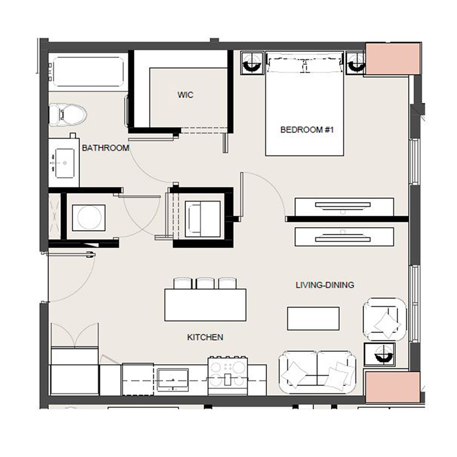 Rendering of the A2 - Affordable floor plan with 1 bedroom[s] and 1 bathroom[s] at Arte Grand Central Overtown
