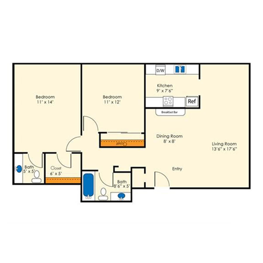 Rendering of the 2x1.5 897 SF Partial floor plan with 2 bedroom[s] and 1.5 bathroom[s] at Aura at Midtown