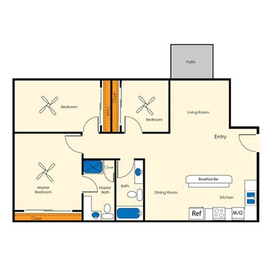 Rendering of the 3x2 1245 SF Partial floor plan with 3 bedroom[s] and 2 bathroom[s] at Aura at Midtown